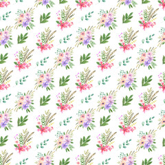 Fototapeta premium Watercolor seamless pattern with various decorative flowers and leaves