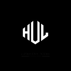HUL letter logo design with polygon shape. HUL polygon logo monogram. HUL cube logo design. HUL hexagon vector logo template white and black colors. HUL monogram, HUL business and real estate logo. 