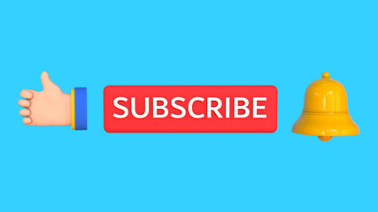 Red button subscribe to channel, bell button and thumb up isolated on bleu background. Social media notification. Trendy 3d illustration.