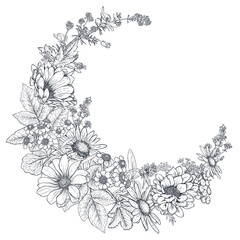 Fototapeta premium Vector frame with herb and wildflower elements arranged on a shape of the wreath