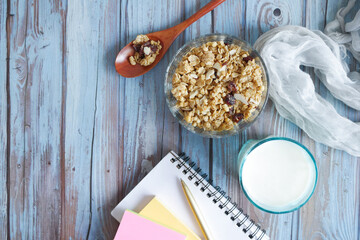  cereal breakfast in bowl on table , top view 