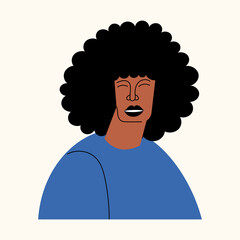 Cool african man with afro haircut in 70s style. Close up head shot of a handsome african american character. Portrait of black confident man. Flat vector cartoon illustration isolated on white
