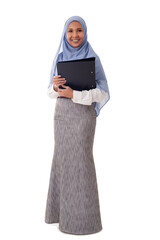 young happy asian Muslim woman wearing hijab holding folder with documents isolated white background