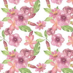 Pink flowers and leaves seamless pattern background, watercolor hand drawn - 450681591