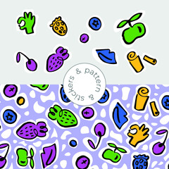Set of Seamless Vector Hand-drawn Summer Fruit Patterns and stickers