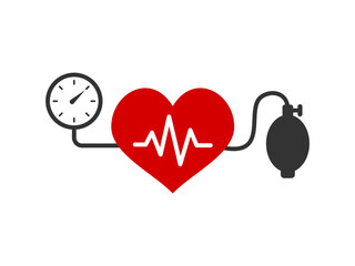 Blood pressure measuring concept. Heart shape with heartbeat line. Systolic and diastolic blood pressure measurement. Control cardiovascular disease risk factor. Vector illustration, flat, clip art.