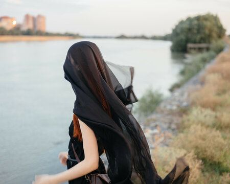 Woman In Black Veil Outdoors Travel Fashion Fresh Air