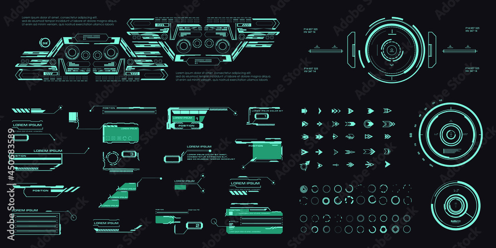 Fototapete Futuristic set of elements for HUD user interface. Collection of titles in the style of HUD. Labels with technical callouts, stripes information windows, and UI, UX templates