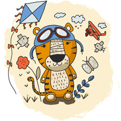 little tiger dreams of becoming a pilot. Children's print for fabric, T-shirt, poster, postcard, baby shower.