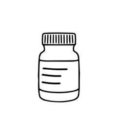 A pharmacy bottle for medicine in the style of doodles in a vector format, suitable for use on the Internet, print or advertising.