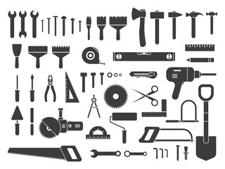 Obraz premium Construction tools icons large set. Repair, building and work instruments big collection. Black silhouettes. Vector isolated on white