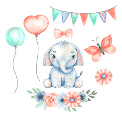 Little elephant baby watercolor illustration for holiday party