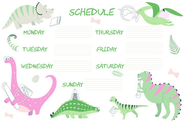Kids weekly planner with cute dinosaur.  Back to school