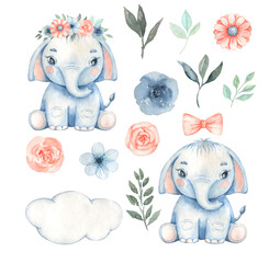 Little elephant baby watercolor illustration for holiday party
