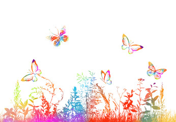 multicolored grass with flowers. Rainbow butterflies in the meadow. Mixed media. Vector illustration
