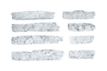 Silver paint brush strokes set. Isolated glittering silver paint, smear, ink paintbrush splash stain.