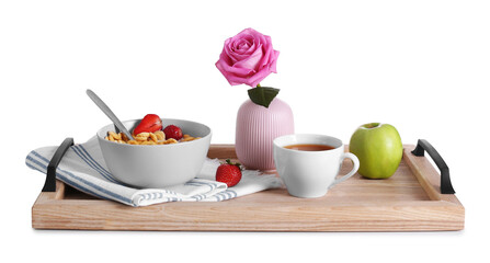 Wooden tray with delicious breakfast and beautiful flower on white background