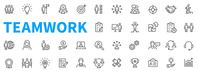 Business teamwork icons set. Contains such icons as business people, idea, presentation, goal, reward, delegation and others. Work group. Outline icons collection. Line style - stock vector. - obrazy, fototapety, plakaty