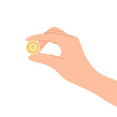 Hand holding a golden coin. Vector cute cartoon illustration. Save, cash, coin, currency, dollar, finance concept. Cent in fingers and palms