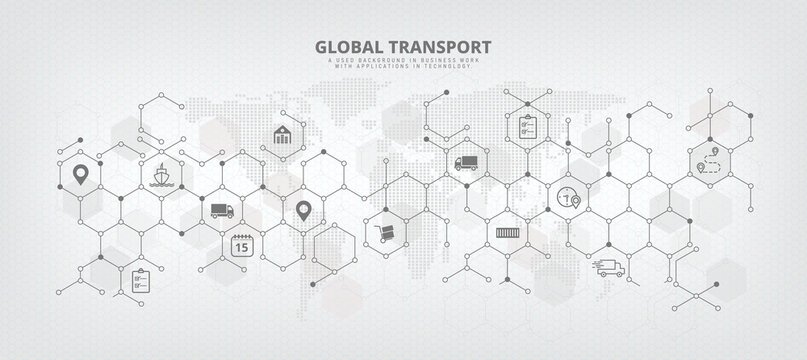 vector background image of global supply chain and logistics with concepts related to import/export, distribution and international transport abstract with world map background and icons.