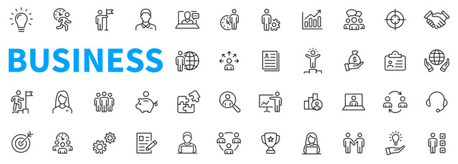 Business people icons set. Contains such icons as businessman, talk, goal, work, team and more. Outline icons collection. Line style - stock vector.