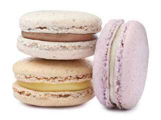 Different delicious colorful macarons on white background