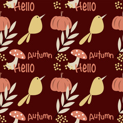 Vector seamless pattern with autumn leaves, pumpkin and bird and text Hello Autumn in Scandinavian style for fabrics, paper, textile, gift wrap isolated on white background