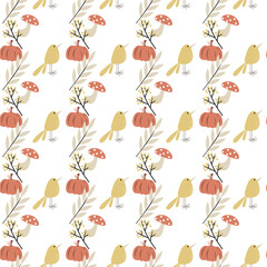 Vector seamless pattern with autumn leaves, pumpkin and bird in Scandinavian style for fabrics, paper, textile, gift wrap isolated on white background for kids