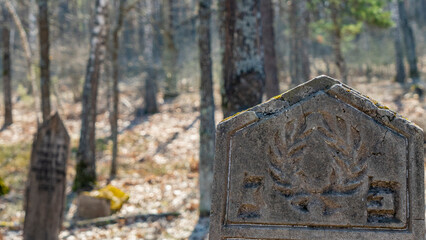 Abandoned tombstones at the old Jewish cemetery. Hebrew inscriptions on tombstones. Old Jewish cemetery in the fall. Tombstones on a background of dry grass in a cemetery.