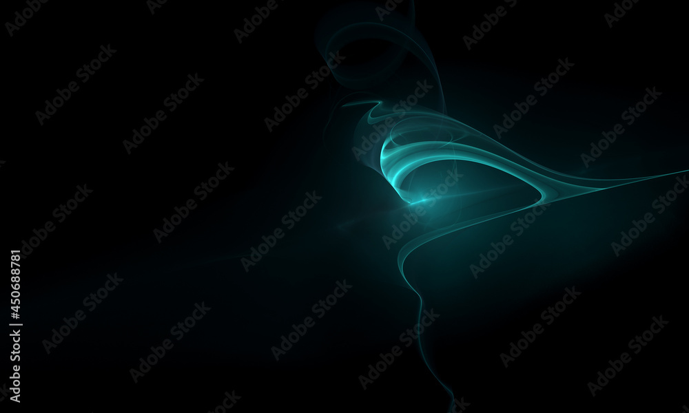 Wall mural levitating dynamic luminescent fluid funnel or swirl in turquoise color with neon radiance in dark s