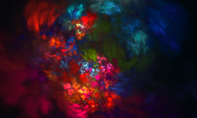 Creative multicolored vortex of flowers or paint spots, strokes and smudges sucking into funnel or perspective. Bright glowing reds and blues revolving in dark. Artistic digital pattern or texture.