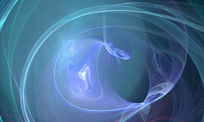 Fantastic cosmic light of fiction substance in blue turquoise and violet  levitates in dark black space radiating volume waves or rings. Great as abstract concept, scientific or technological idea.