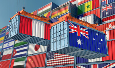 Freight containers with Australia and Peru national flags. 3D Rendering 