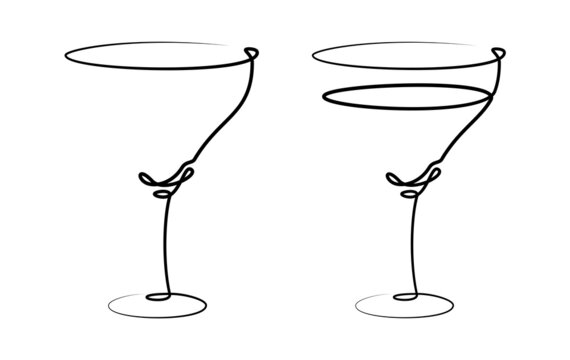Vermouth or martini wineglass on white background. Graphic arts sketch design. Black one line drawing style. Hand drawn image. Alcohol drink concept for restaurant, cafe, party. Freehand drawing style