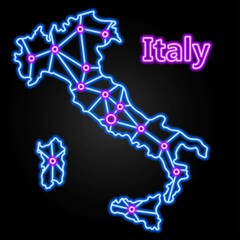 Italy neon map, isolated vector illustration.