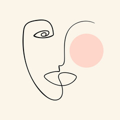 Abstract one line surreal face portrait. Vector illustration. Simple human head sketch. Digitally created drawing in minimalist style.