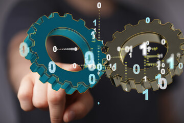 Man draws gears on virtual screen. Blurred Abstract engine room..