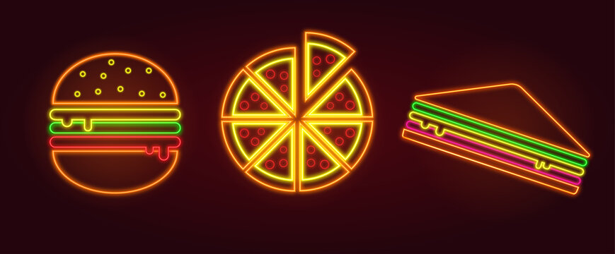 Set of fast-food in neon style.