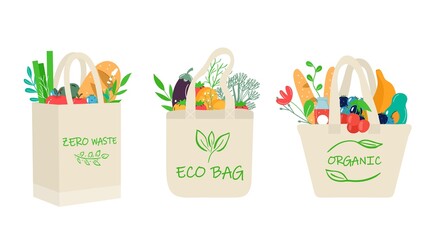 Set of eco shopping nets with vegetables, fruits and healthy drinks. Dairy food in reusable eco friendly shopper bag. Zero waste, plastic free concept. Flat trendy design - 450692192