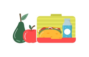Set of  breakfast or lunch meals. Food, drinks for Children school lunch boxes with meal, hamburger, sandwich, water, snacks, fruit, vegetables.Vector collection