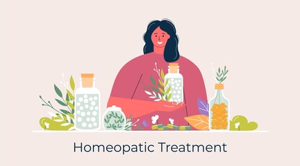 Cartoon people prepared organic natural homeopathic pills in glass jars. Homeopathy treatment banner, landing page,  herbal alternative medicine,  pharmacy, food supplement. flat vector - 450692741
