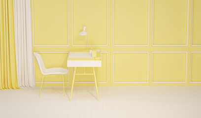 Pastel yellow monochrome minimal office table desk. Minimal idea concept for study desk and workspace. Mockup template, 3d rendering
