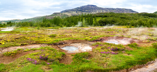 Geysers colorful panorama in volcano landscape, the Golden Ring in Iceland