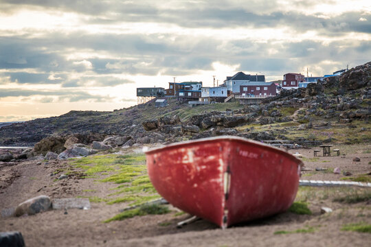 View of unique homes in Iqaluit from the beach at Hudson Bay Company.