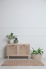 Stylish room interior with wooden chest of drawers and green plants near white wall