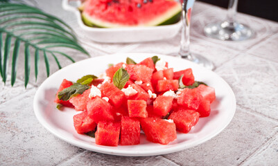 Salad with watermelon, feta cheese and mint leaf