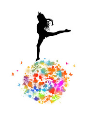 Obraz na płótnie Canvas Abstraction silhouette girl gymnasts on multicolored ball. Rainbow butterflies. Vector illustration