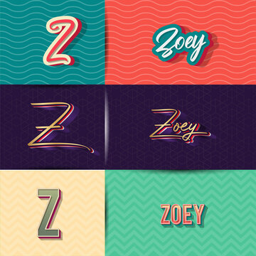 name Zoey in various Retro graphic design elements, set of vector Retro Typography graphic design illustration