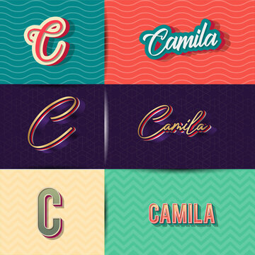 name Camila in various Retro graphic design elements, set of vector Retro Typography graphic design illustration