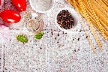 Italian pasta ingredients on table. Food cooking. Top view. Copy space.